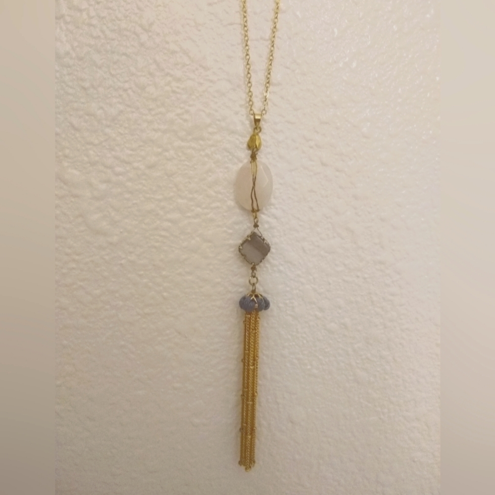 Long gold with natural stone pendent necklace